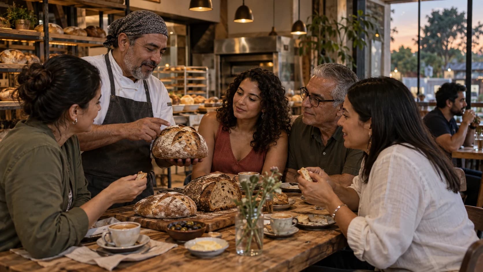 Grupo compartiendo una degustación de pan y café con el panadero