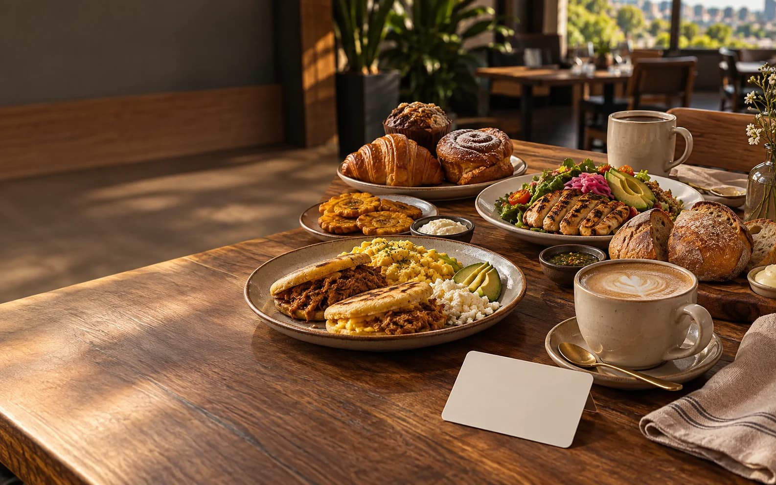Mesa compartida con pan, café, desayuno y platos de La Bodega